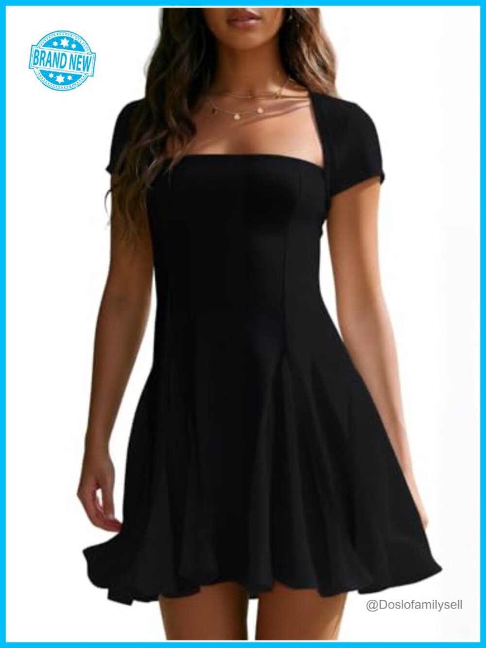 Womens Mini Dress Short Sleeve Square Neck A-Line Ruffle Swing Casual Summer